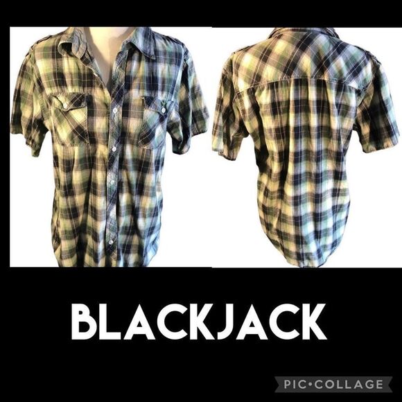 blackjack Other - BlackJack Green/Black Checkered Mens Plaid Short Sleeve Shirt Size Large-EUC